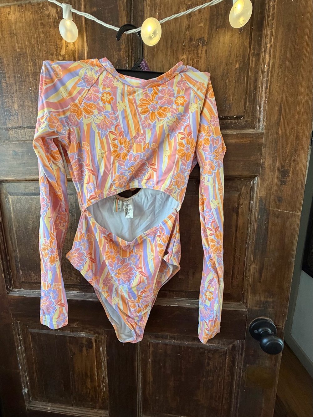 OP Long-Sleeve Floral Cutout One-Piece Swimsuit – Pink, Orange & Yellow